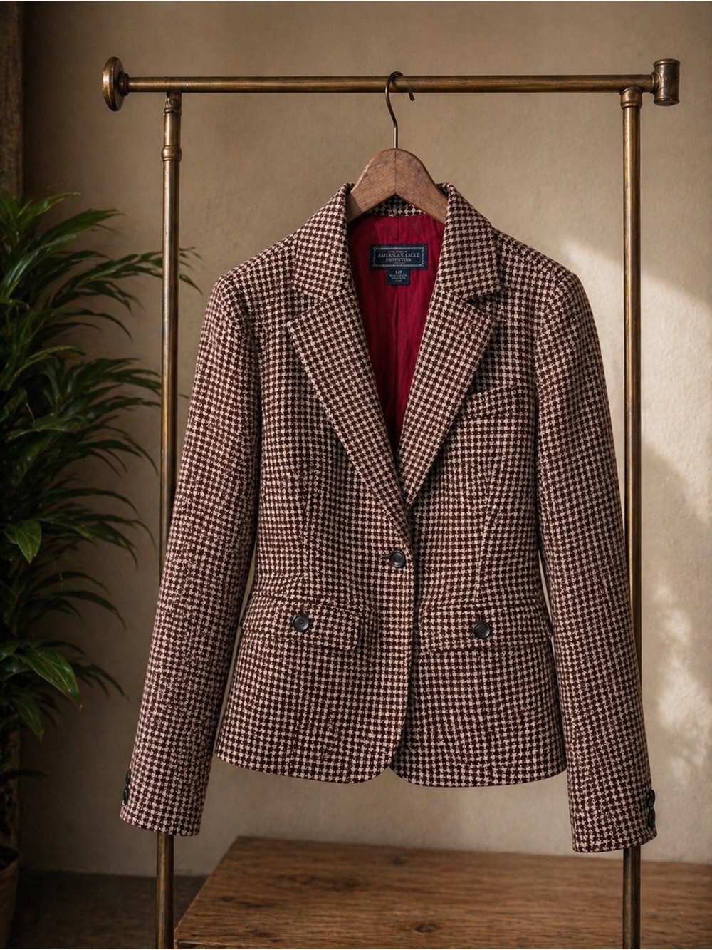 American Eagle Houndstooth Blazer Brown Tweed Jacket Preppy Chic S/P - Picture 3 of 6